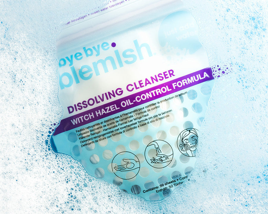 Bye Bye Blemish dissolving cleanser packaging with a light blue and white background