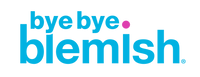 Bye Bye Blemish logo in blue with a pink dot over the “i,” representing acne treatment and skincare brand identity.