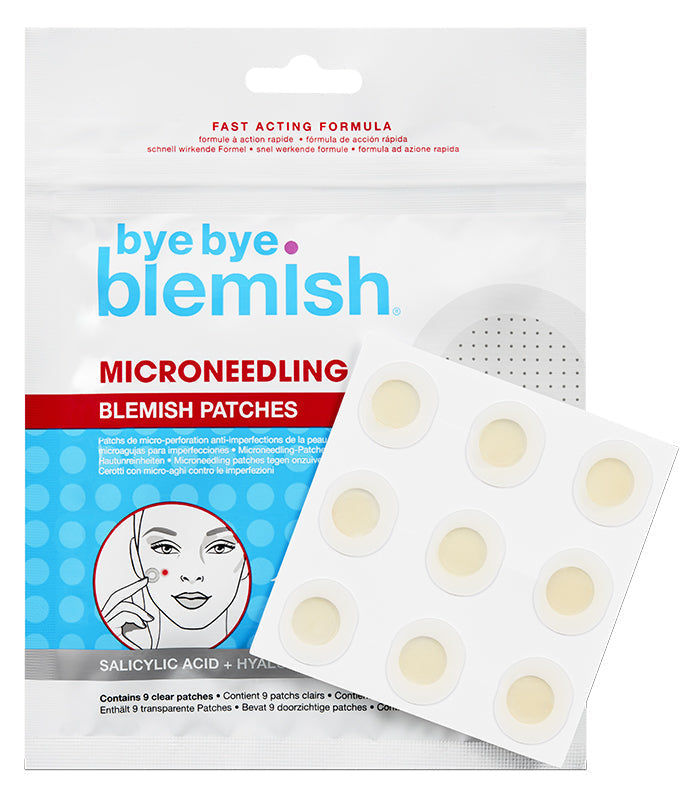 Open pack of Bye Bye Blemish microneedling blemish patches, showing individual patches for targeted acne care.