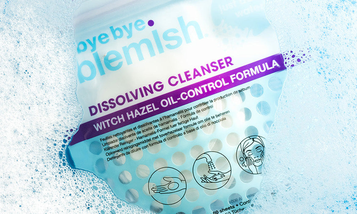 Bye Bye Blemish dissolving cleanser packaging with a light blue and white background